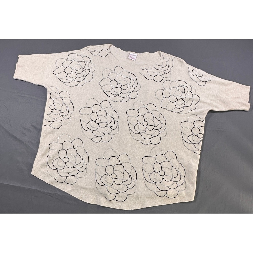 Luna Beige Womens 2X Silver/Black Roses Viscose Rhinestone‎ Studded Knit Top